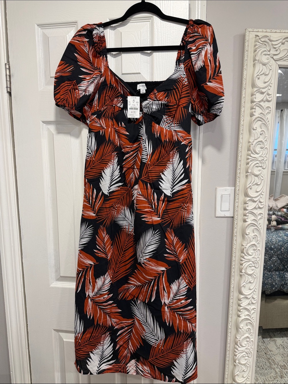 J. Crew Black, Rust & White Puff-Sleeve Midi Dress